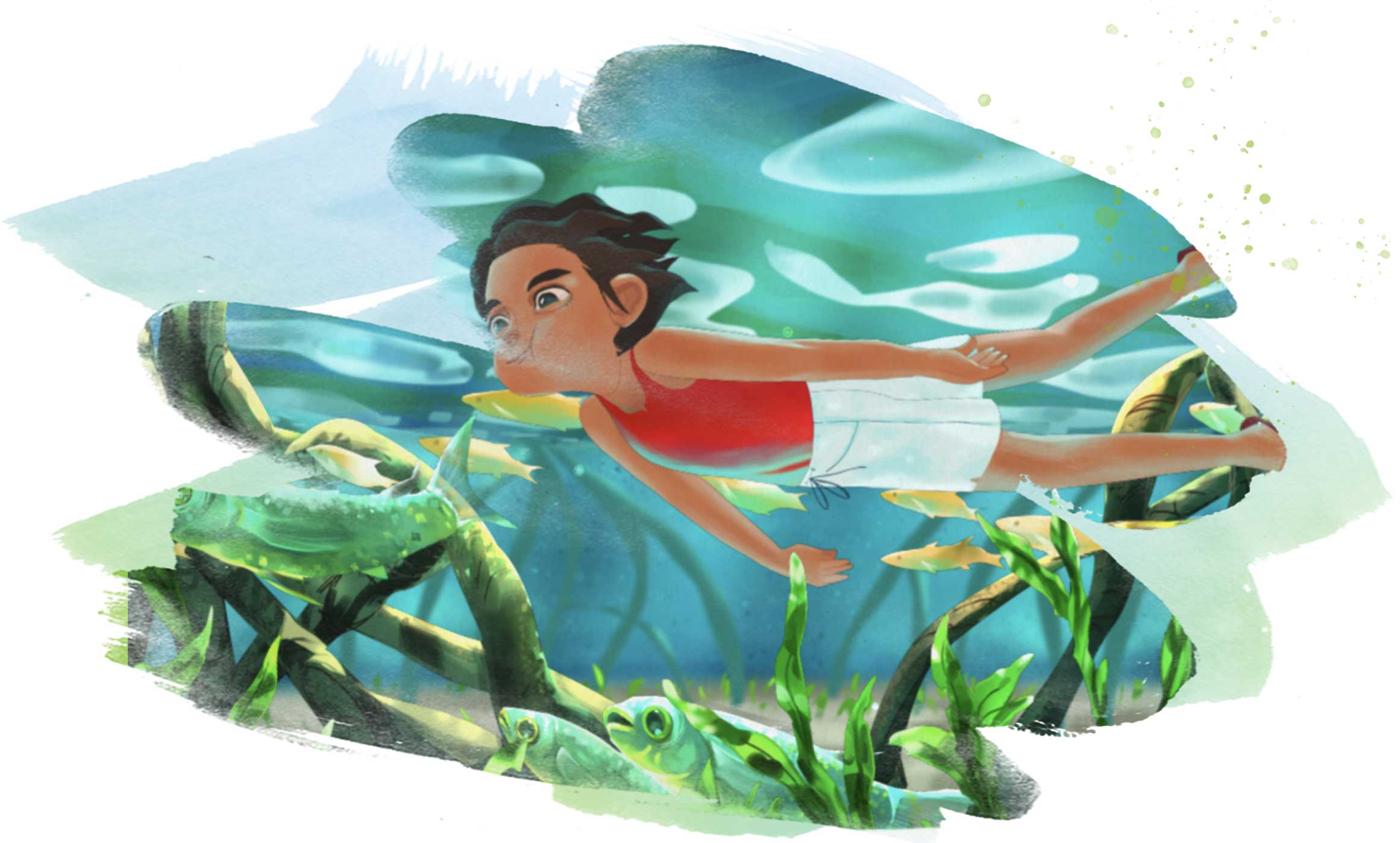 cartoon of boy swimming in mangroves