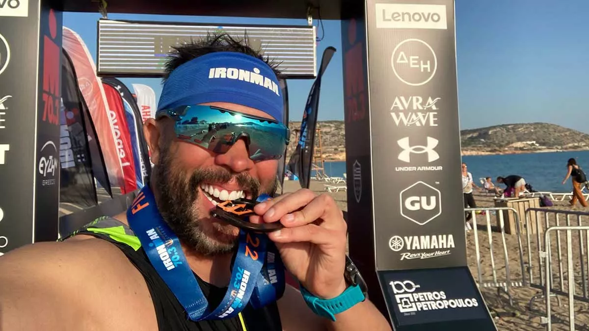 Pablo Guizada after finishing the Greece Iron Man Triathlon  in Athens