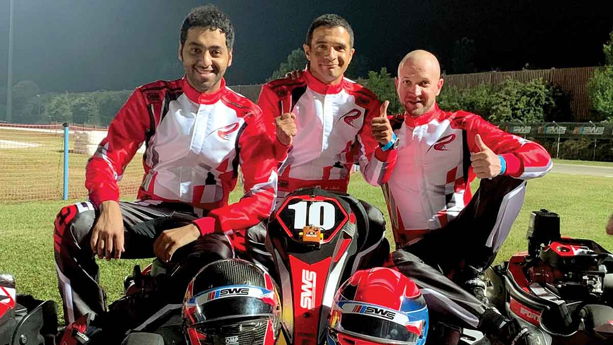 Redline-Racing_team-members Bader Al Mubarak, Hussein Lala, and Paul Lecaillon at the 2019 Endurance Karting World Finals in Lignano, Italy