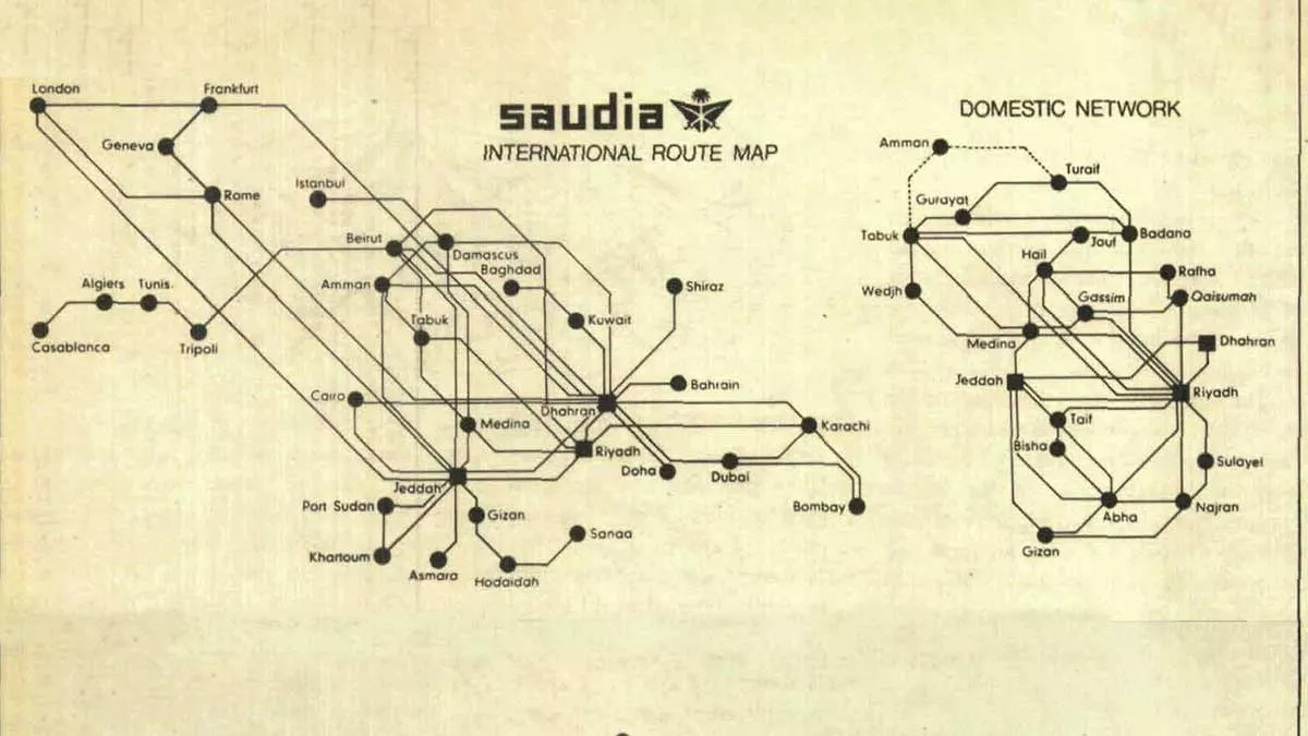 A map of Saudia Airline routes from 1972