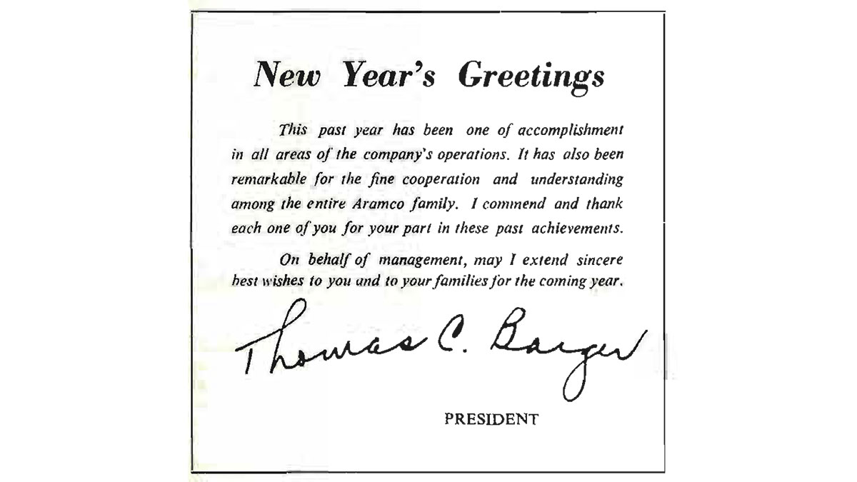 Aramco CEO Thomas C. Barger message in Dec. 29 1965 Sun and flare