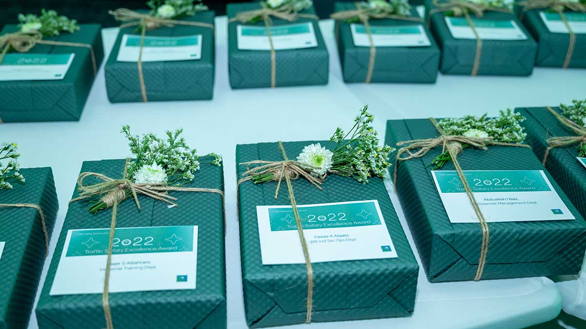 Aramco Traffic Safety Services Division awards with ribbons on them 