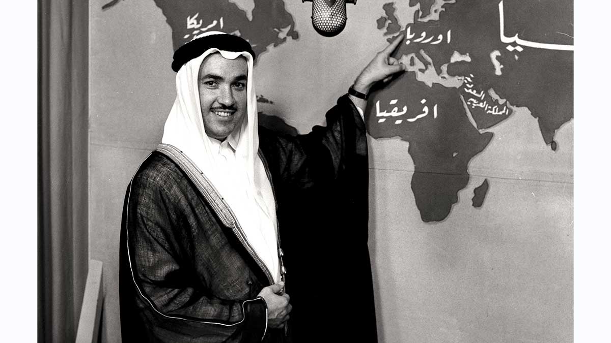 Y. Basrawi moderator at Aramcos TV Studio in Dhahran January 1958