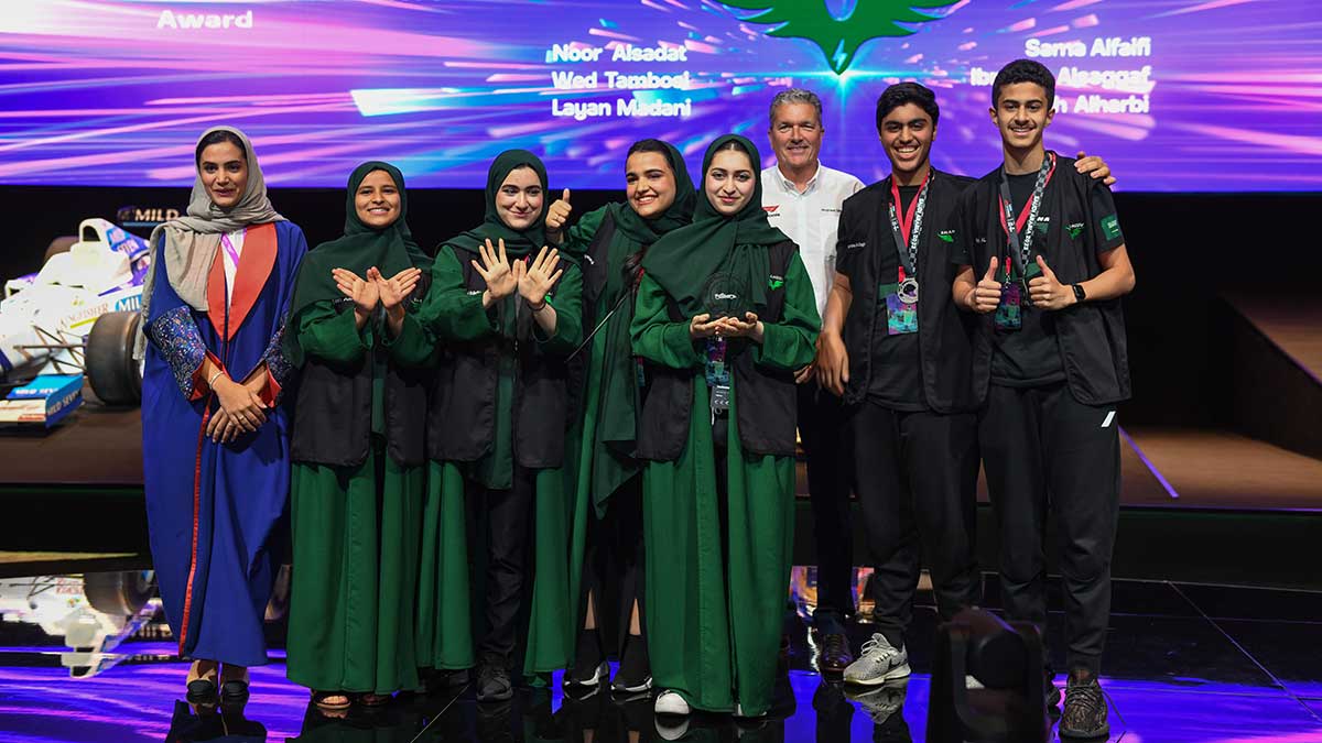 F1 in Schools Saudi Arabia winning team Shaheen poses at Ithra 2023