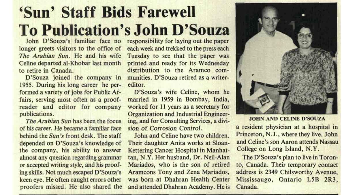 1990 John D'Souza retires from Aramco and the Arabian Sun
