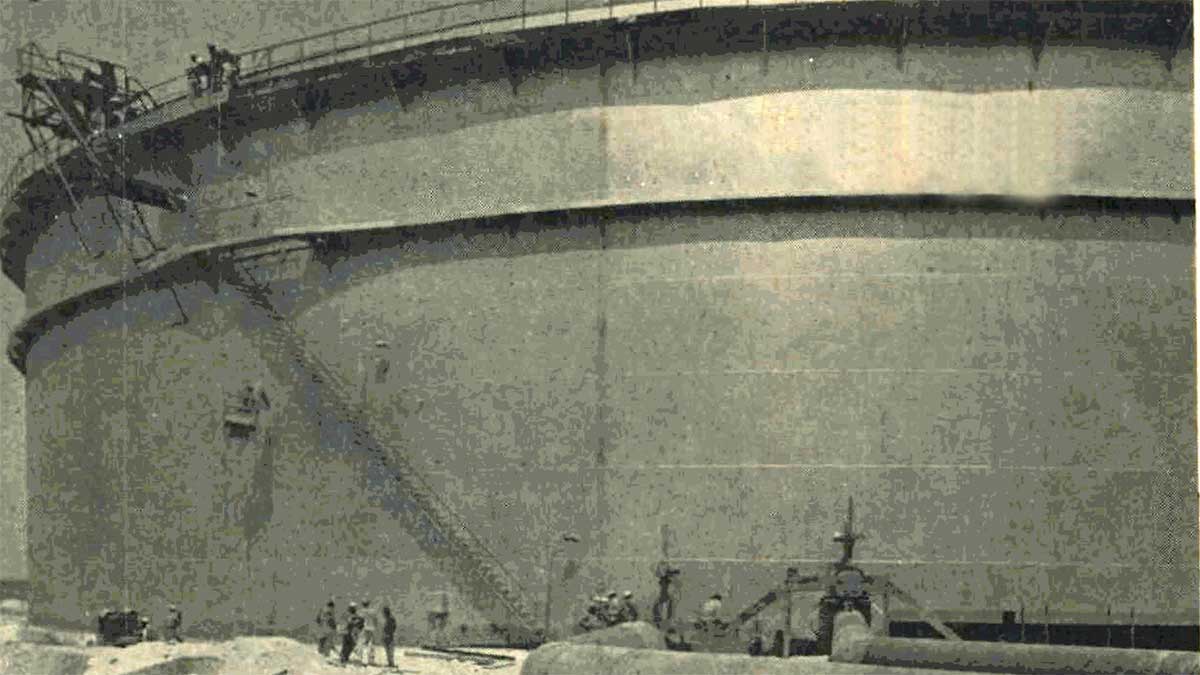 One of three half million gallon tanks being built in Ras Tanura 1967