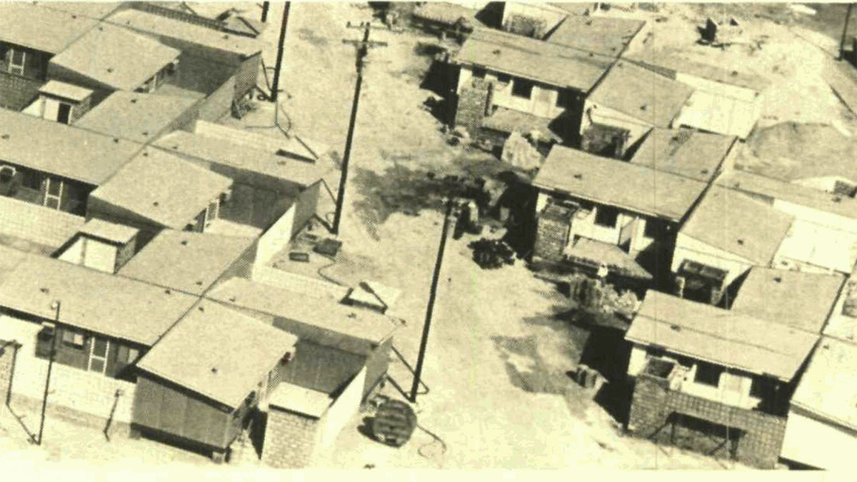 Aramco Dhahran camp construction of windmill housing 1974