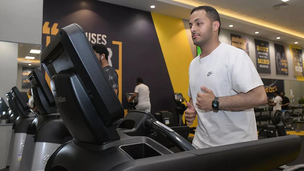 Aramco energy coordinator Abdullah Al-Zahrani hits the treadmill after a long day at work