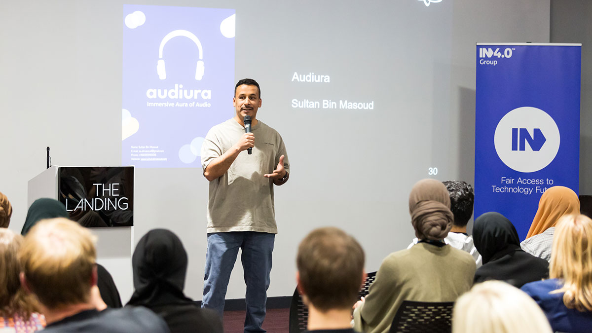 Creative Sultan Bin Masoud speaks as one of the five finalists in the Ithra Creative Solutions program