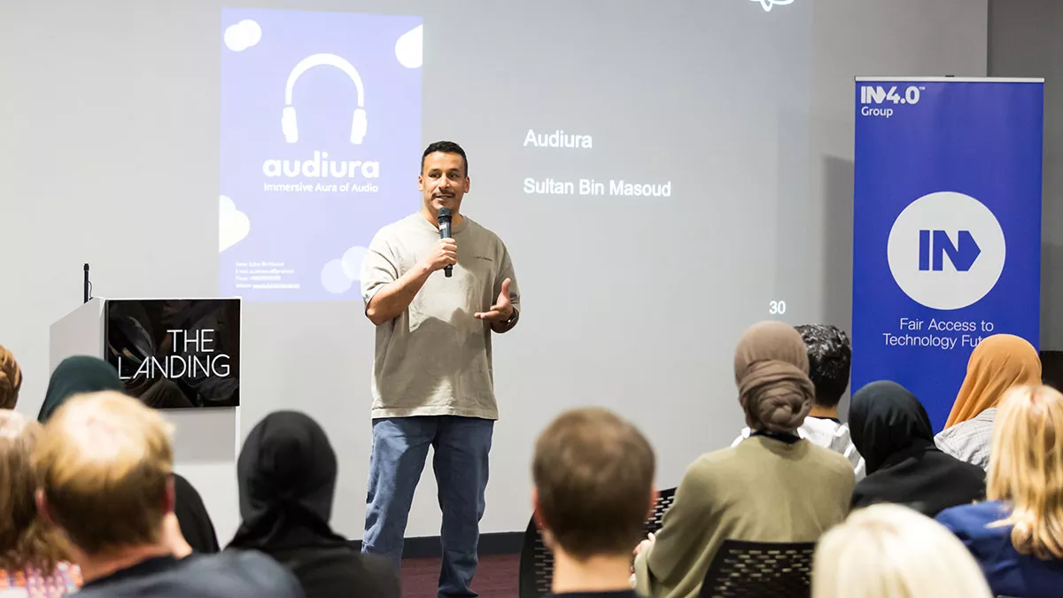 Creative Sultan Bin Masoud speaks as one of the five finalists in the Ithra Creative Solutions program