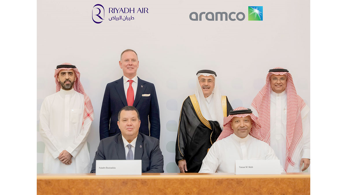 Riyadh Air MoU signing yasser M. Mufti, Mohammed Y. Al Qahtani, Downstream president, and Amin Nasser, Aramco president and CEO