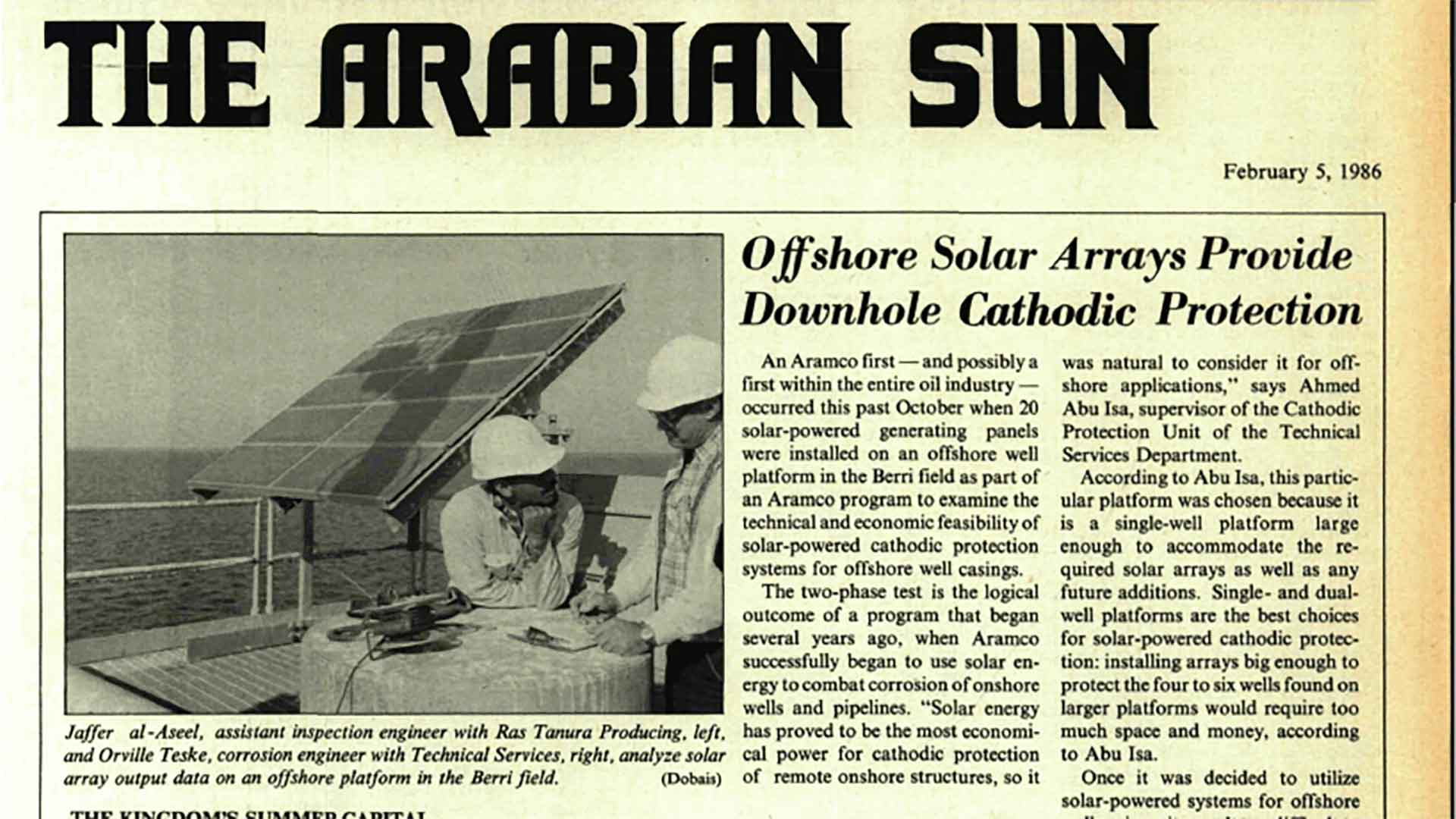 This Day in History (1986): Offshore solar arrays provide downhole cathodic protection