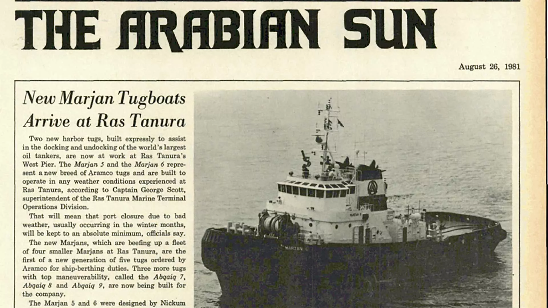 This Day in History (1981): New Marjan tugboats arrive at Ras Tanura